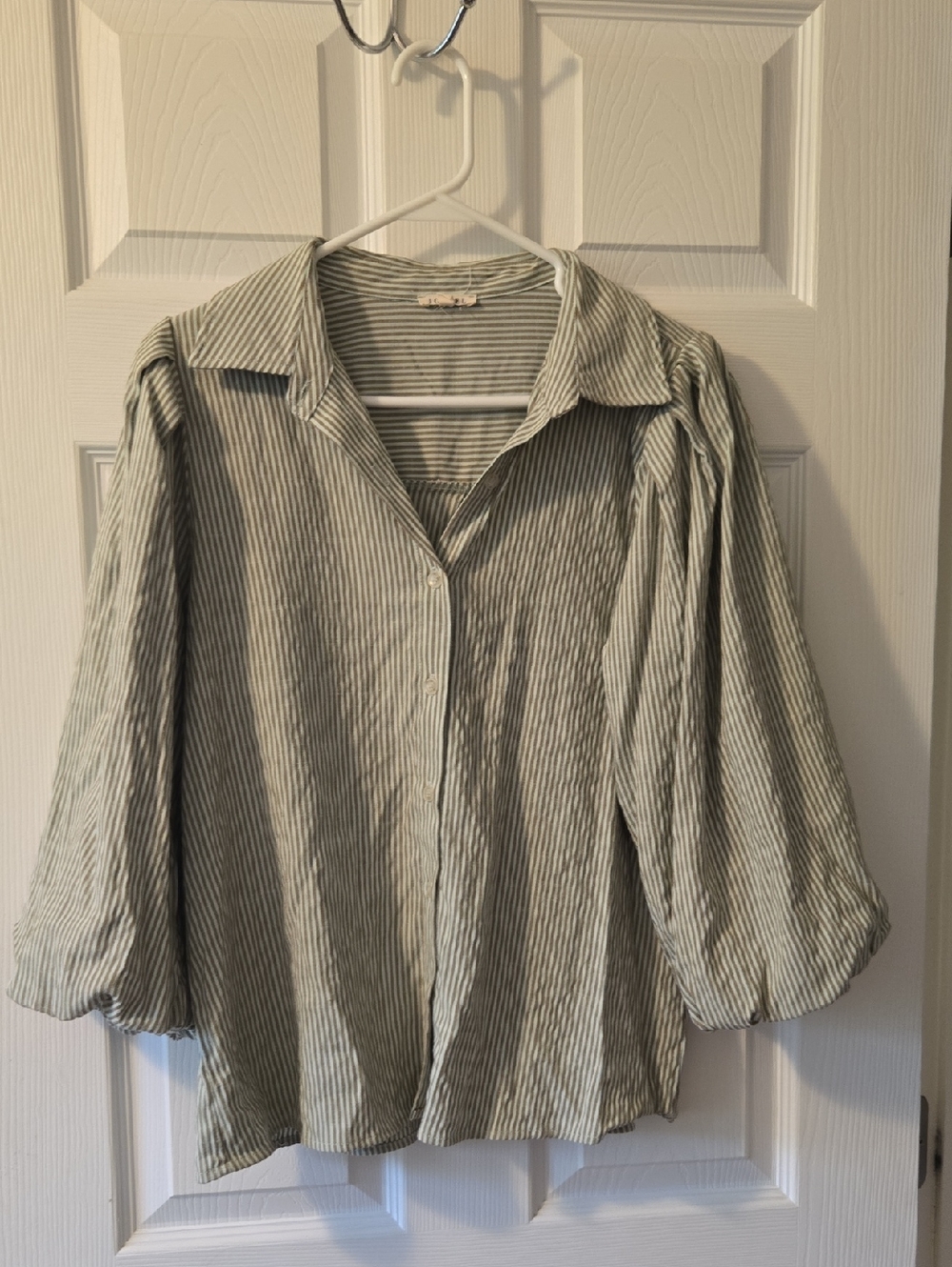 JODIFL Striped Button-Up Top in Sage Green and White